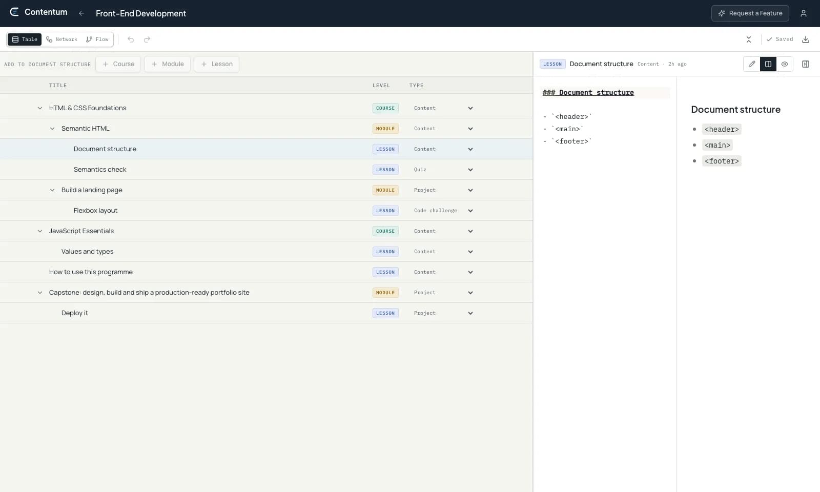 Contentum programme editor showing a curriculum tree and Markdown authoring panel